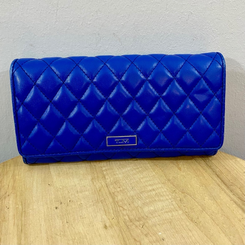Tumi Blue Leather Quilted Continental Flap Wallet Long Organizer Clutch Travel